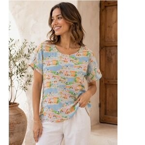 Cynthia Rowley Womens 1X Linen Top Mediterranean Village Print Short Sleeve Blue
